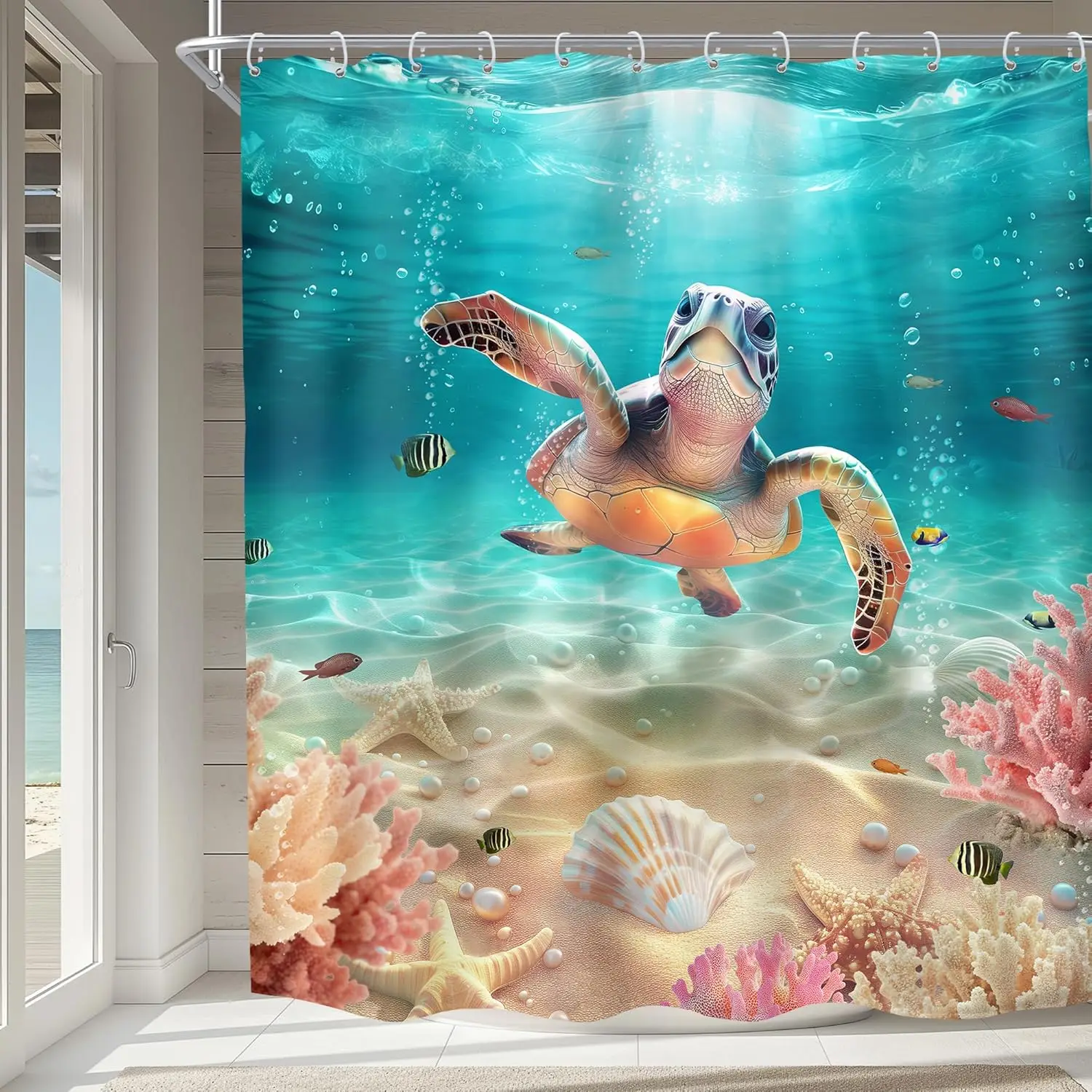 

Занавеска для душа с синим океаном, гавайской морской черепахой и прибрежным закатом, набор для ванной комнаты в стиле ретро с жемчугом в деревенском стиле
