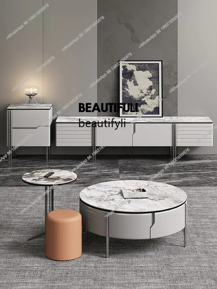 ss 8617  Stone Plate round Tea Table TV Cabinet Unit Italian Light Luxury Minimalist White Small Apartment Living Room Tea Table