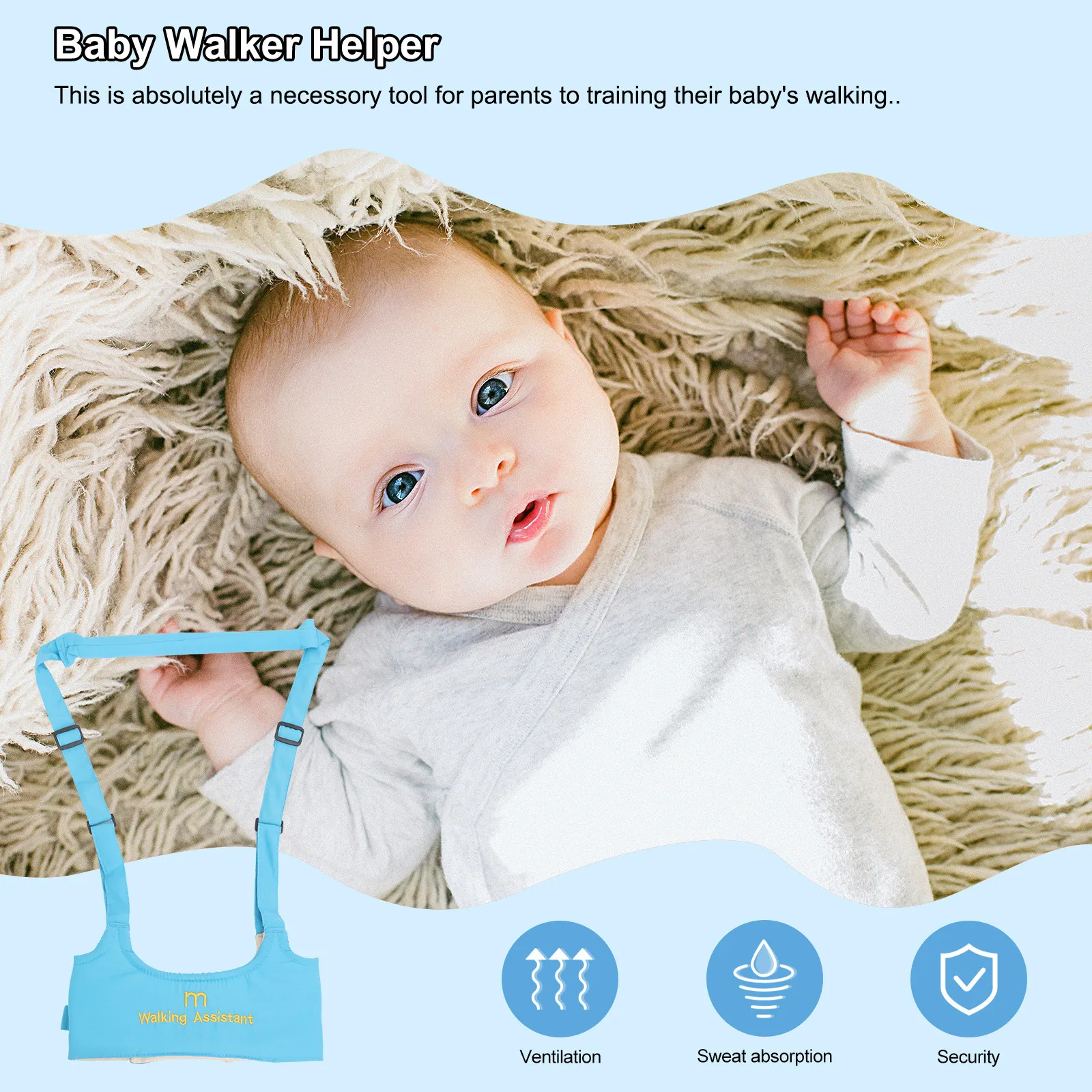 

Safe Baby Walker Helper Handheld Walking Harness Protective Belt Adjustable Length Learning Assistant Blue Handheld Blet