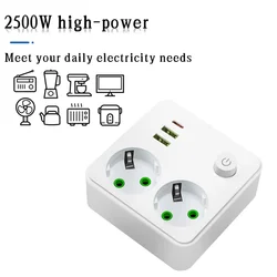 EU Plug Outlet 2 Sockets Multitap Wall Power Strip Electrical Socket No Extension Cord with 2 USB 1 Type-C Ports 2500W MAX Power