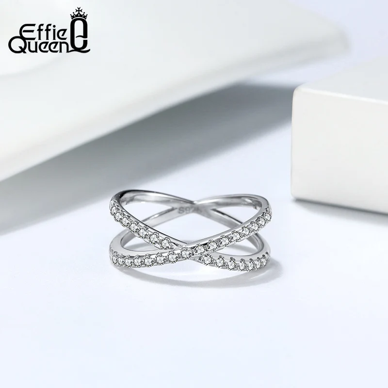 Effie Queen 925 Sterling Silver Cross Rings AAAA Zirconia X Shape Design for Women Elegant Jewelry Shiny Finger Ring Gift SR240