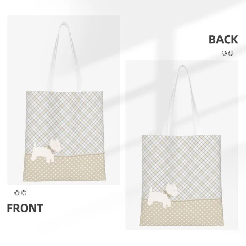 Westie Tartan And Polka Dots Groceries Shopping Tote Bag West Highland White Terrier Dog Canvas Shopper Shoulder Bags Handbags