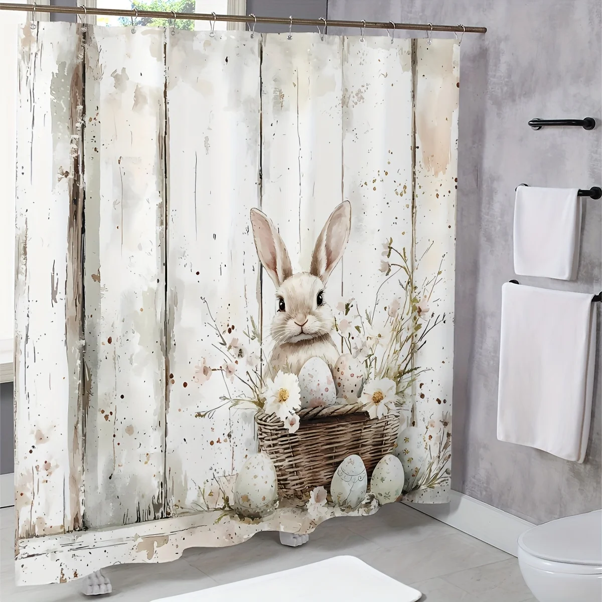 

1pc Shower Curtain - Rustic Easter Bunny with Eggs and Flowers on Wooden Background Waterproof