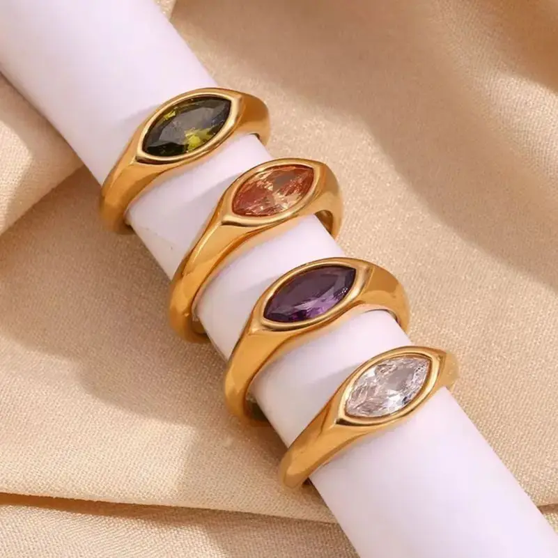 E.B.belle Horse Eye Zircon Seal Ring Colorful Hypoallergenic 316L Stainless Steel Decoration 18K Gold Plated Jewelry