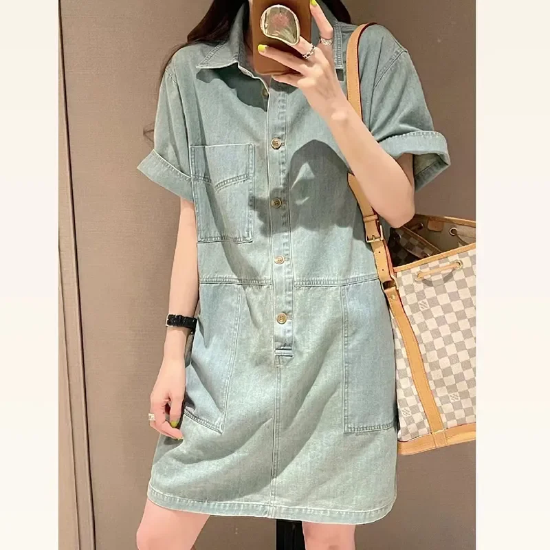 Womens Light Denim Short Sleeve Shirt Dress Loose Fit Button Front Pocket Casual Retro Jean Sundress - view 5