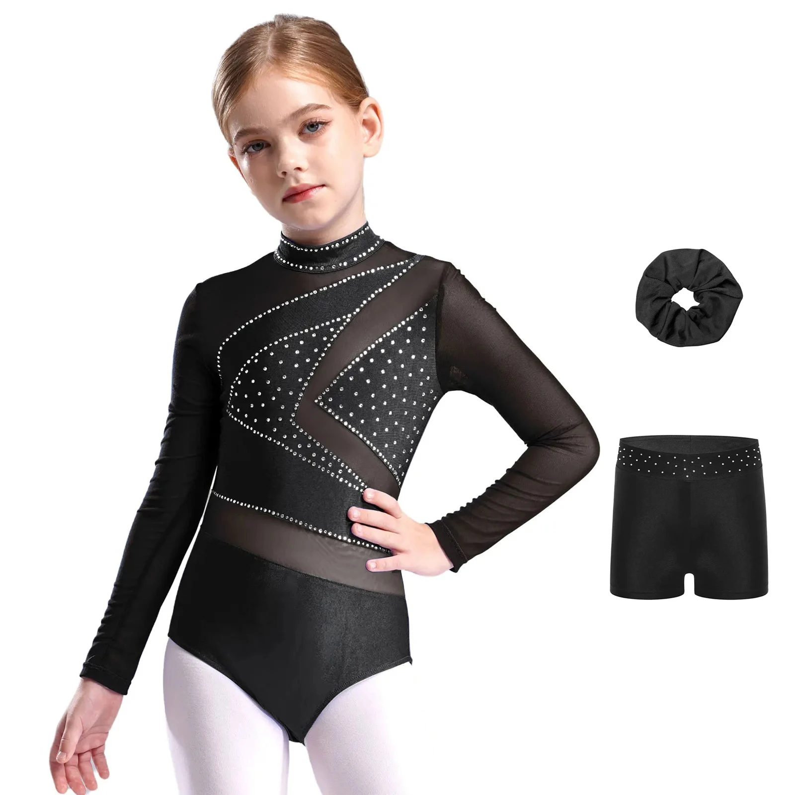 

3Pcs Kids Girls Figure Skating Dance Costume Outfit Long Sleeve Shiny Rhinestone Sheer Mesh Gymnastics Leotard+Leggings+Hairband