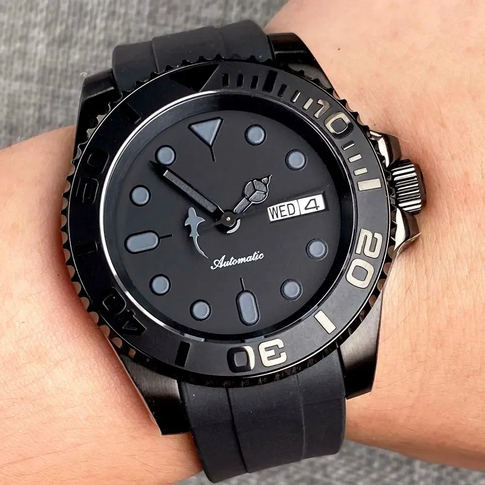 40mm Black SUB Dive Mechanical Watch Men NH36 Movement Black Shark Hand 20bar Waterproof Wristwatch Curved Silicone Band 40mm