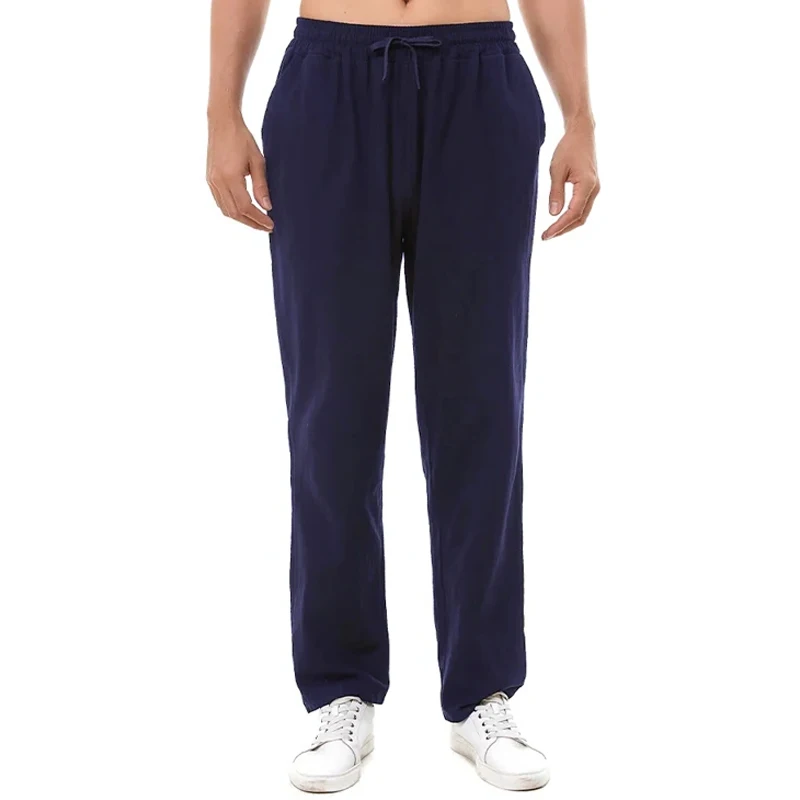 Mens Summer New Cotton Pants Breathable Solid Color Trousers Loose Lightweight Fitness Sweatpants Casual Streetwear Style