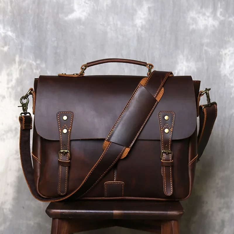 

Vintage Cowhide Men's Handbag Business Briefcase Genuine Leather Computer Bag Handmade Bag Crazy Horse Leather Shoulder Bag
