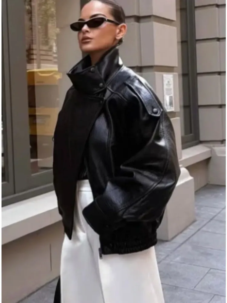 Nueva Chaqueta de PU, Chaqueta de Transición, Chaqueta de Cuero Sintético, Abrigo Corto de Piel Sintética, Chaqueta de Cuero Estilo Motociclista con Textura Granulada para Otoño