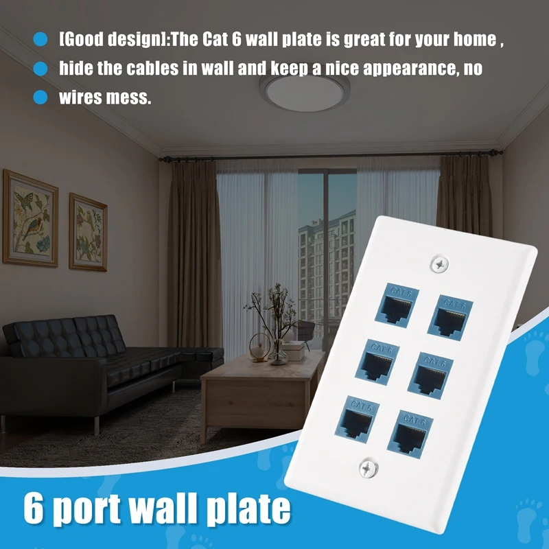 Cat 6 Ethernet Wall Plate 6 Port,Ethernet Wall Plate Female-Female Removable Compatible With Cat7/6/6E/5/5E