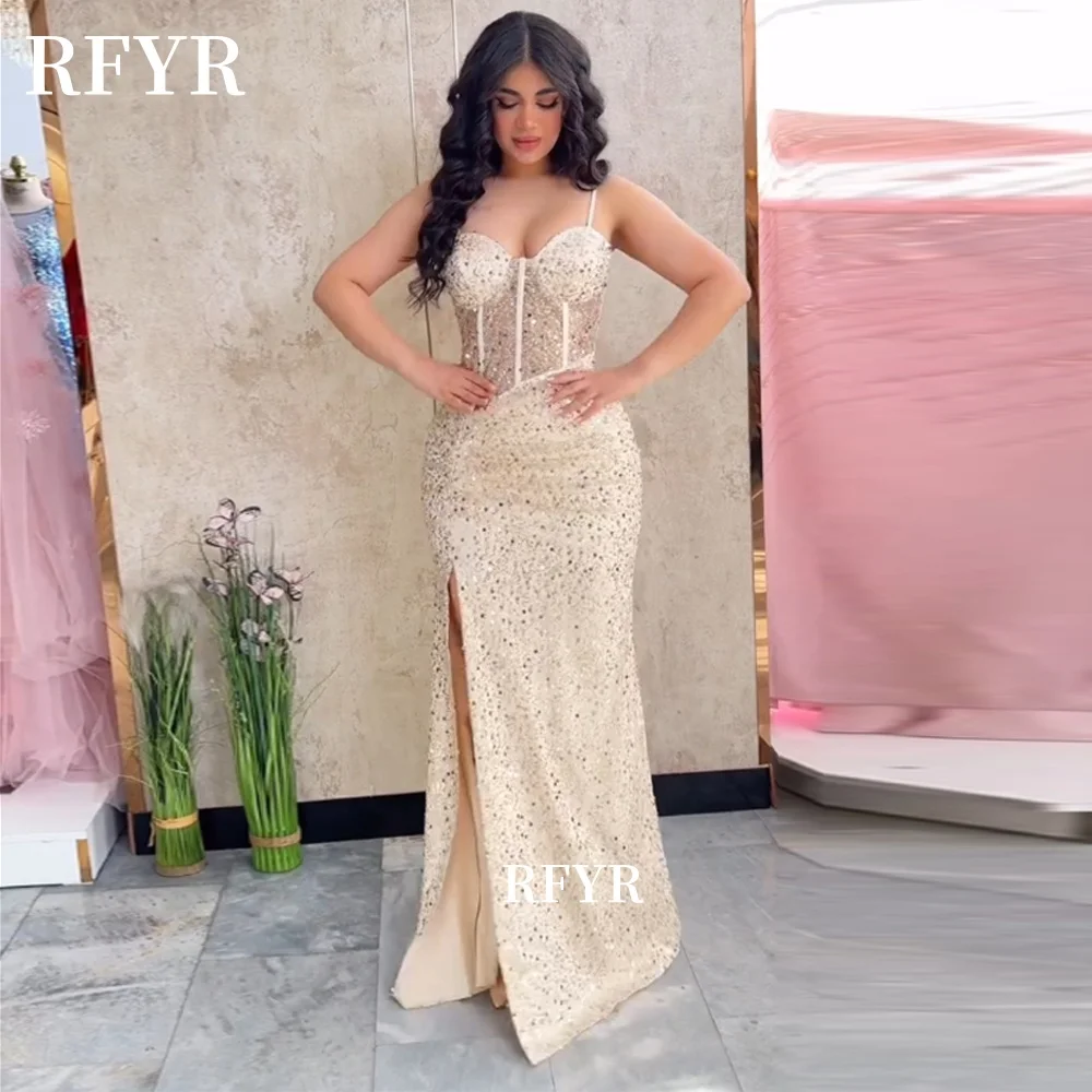 

RFYR Mermaid Evening Dresses Beaded Prom Dress Mermaid Crystals Party Dress for Gala Side Slit Arabic Women Celebrity Customized