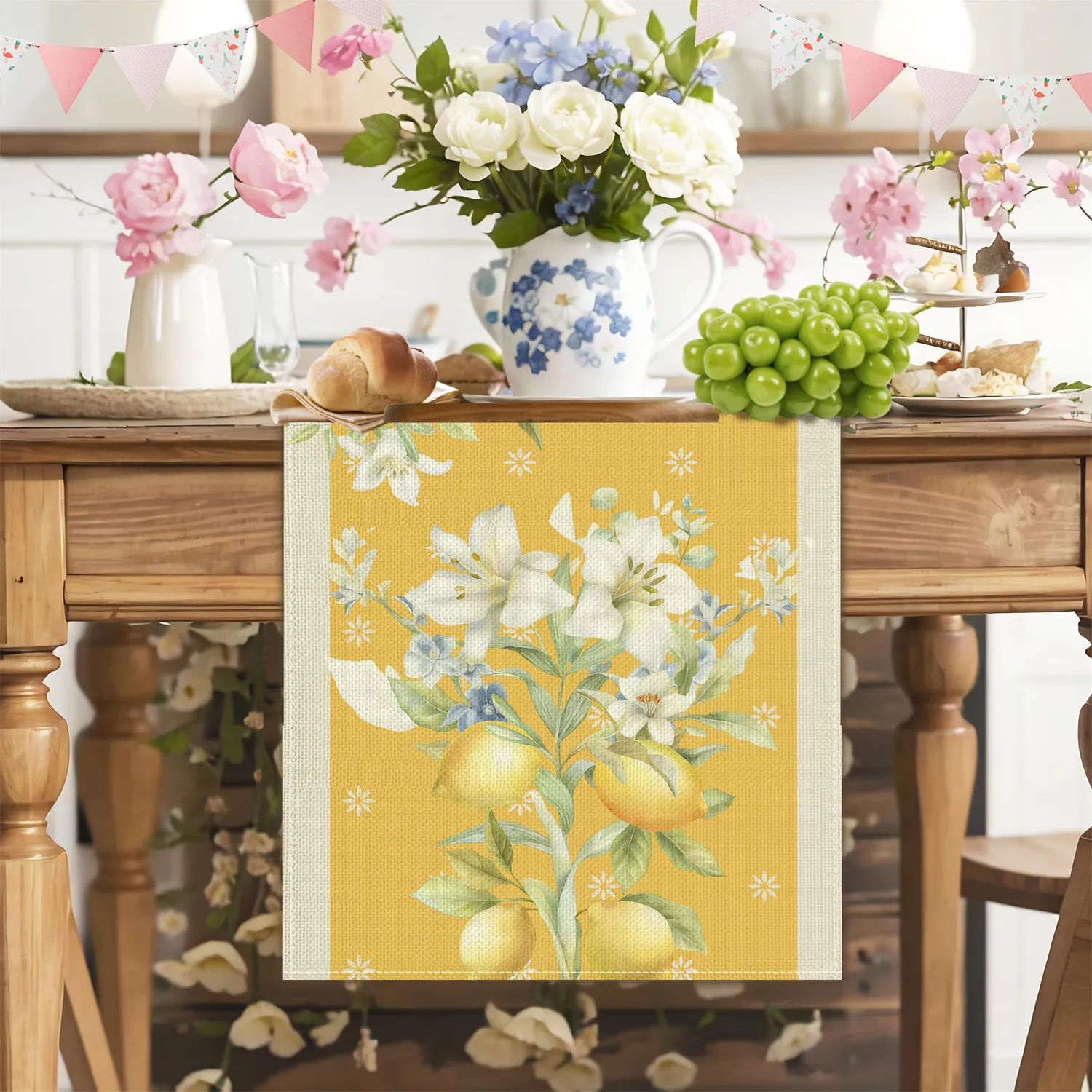 1 Piece Watercolor Lemon White Flower Green Leaf Spring/Summer Table Runner, Suitable for Farmhouse, Indoor, Kitchen, Celebrations, Table Decoration, Restaurant and Banquet Decoration Supplies