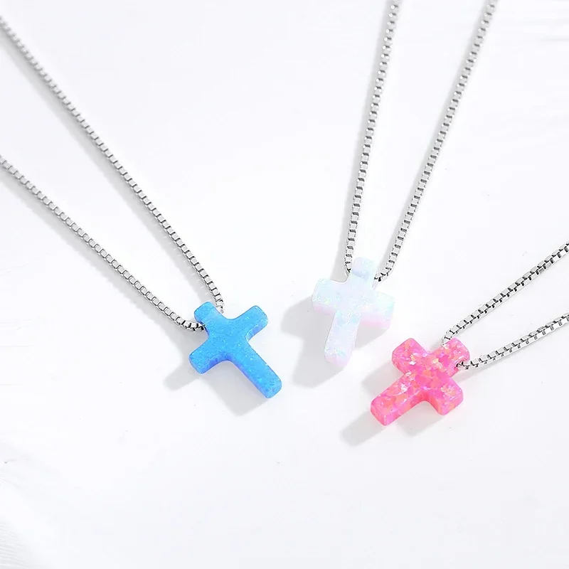 KALETINE Women Cross Opal Necklace Genuine 925 Sterling Silver Lab Opal Blue Cross Charm Opal Necklace KLTN019