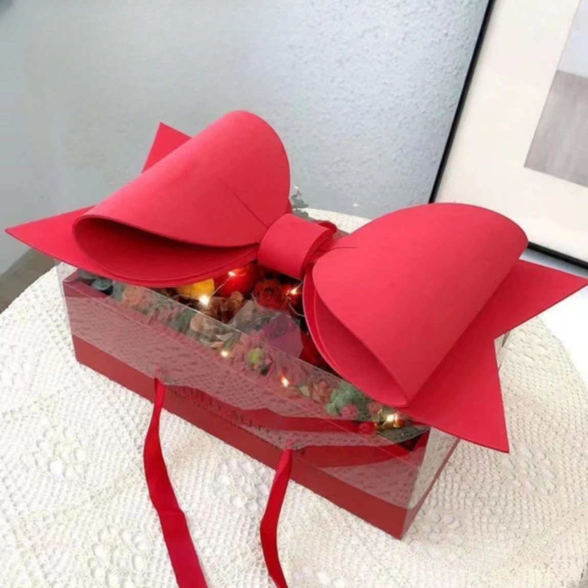 1pcs Red Black Handheld Bow Gift Boxes Flowers Fruits Wedding Souvenirs Packaging Box Valentine's Day Rose Bundle Storage Box