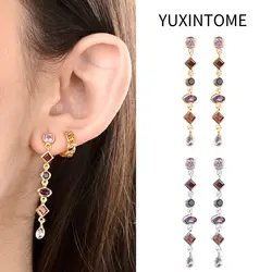 925 Sterling Silver Needle Luxury Multicolor Crystal Stud Earrings Women's Geometric Zircon Long Pendant Earrings Fine Jewelry
