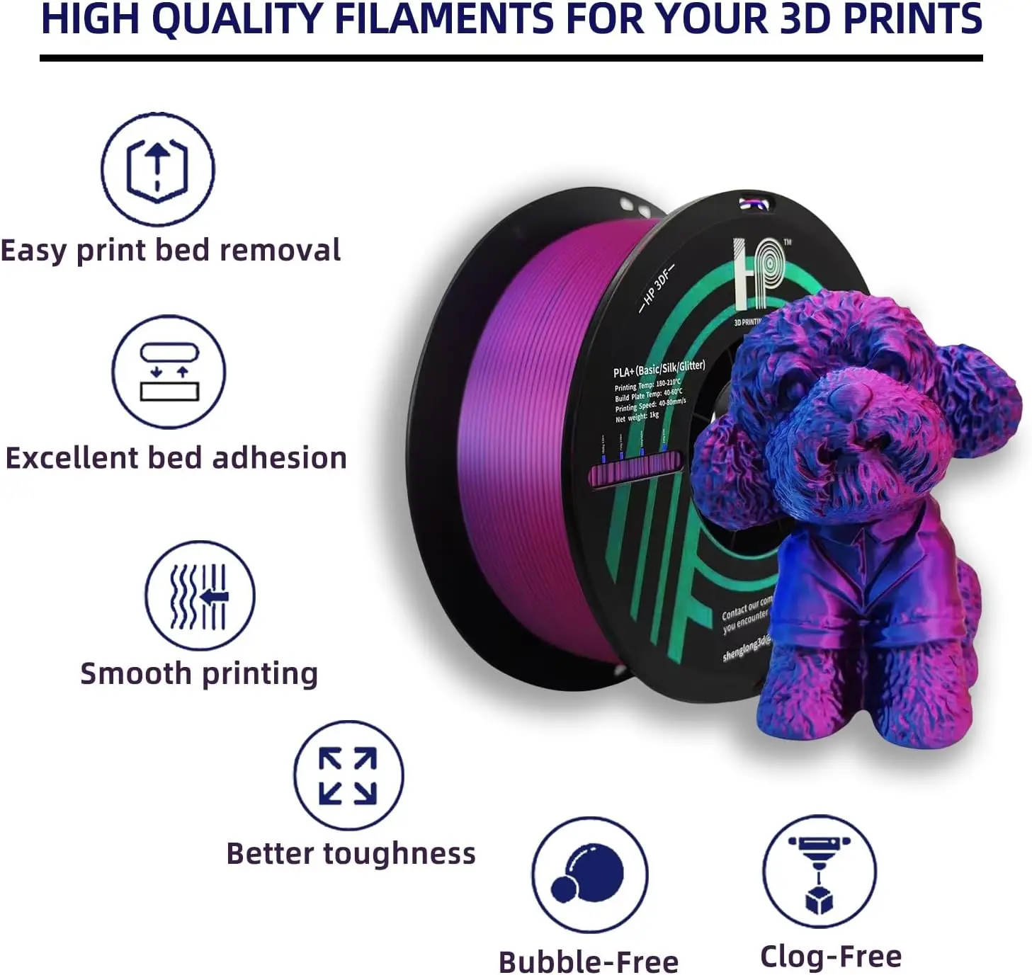 เส้นใยเครื่องพิมพ์ 3D, เส้นใย HP3DF PLA, ความแม่นยํามิติ 1.75 มม. +/- 0.02 มม., แกน 1 กก. (2.2 ปอนด์), เหมาะกับเครื่องพิมพ์ FDM ส่วนใหญ่ (Mystic)