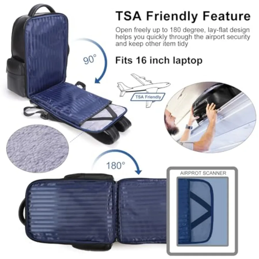 حقيبة ظهر للكمبيوتر المحمول للسفر من الجلد الأسود من Masa Kawa للرجال تناسب 15.6 بوصة 16 بوصة حقيبة كمبيوتر مكتبية للتنقل والتنقل التنفيذي وات