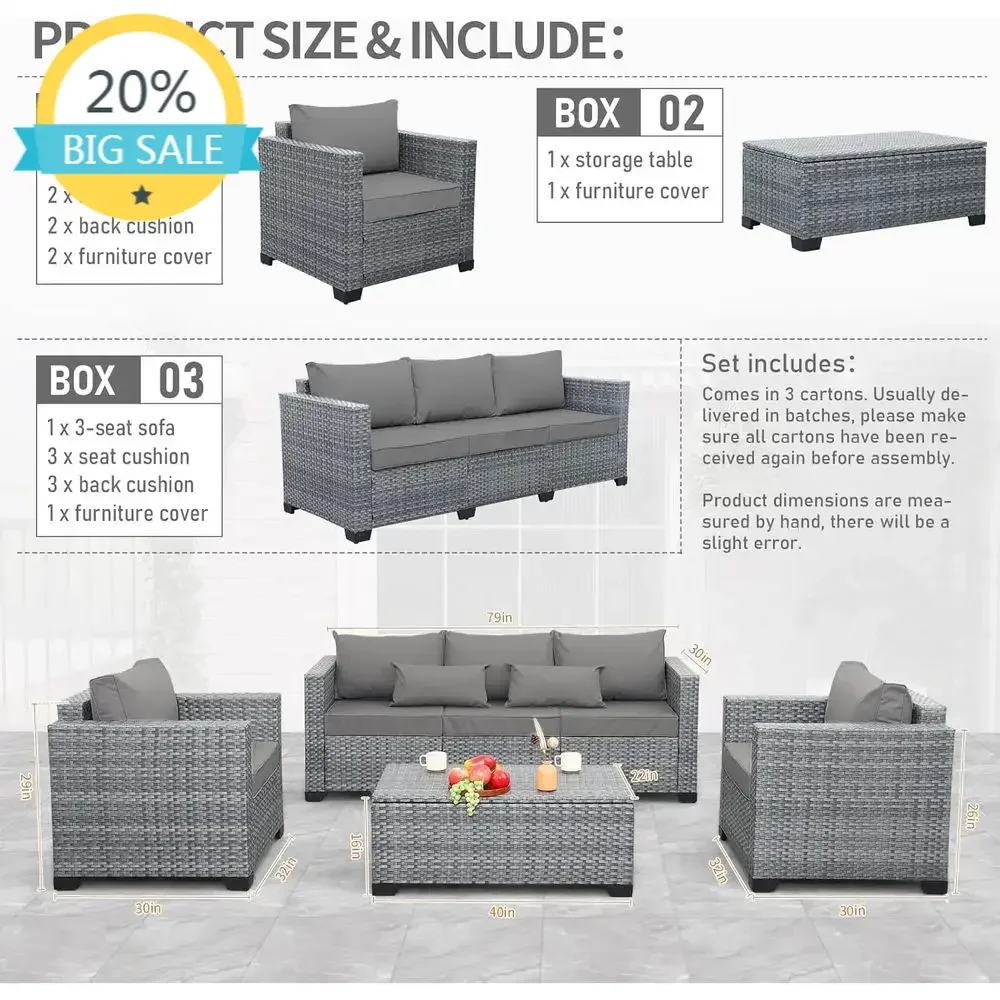 

Набор садовой мебели из плетеного ротанга с секционным диваном, столом для хранения и серыми подушками