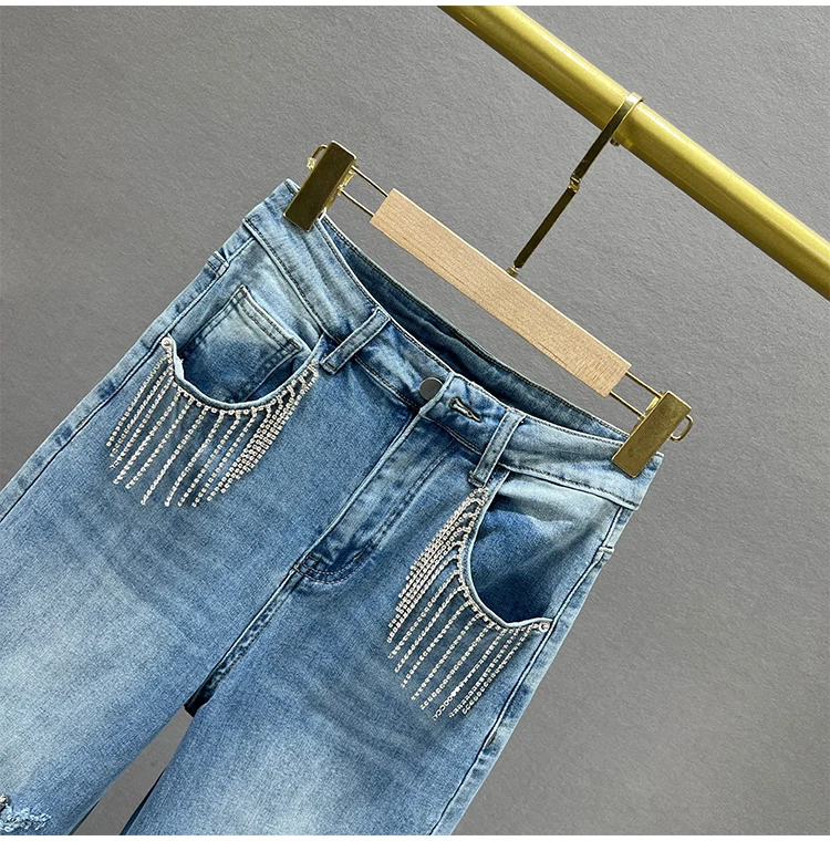 Women's Trend Hole Denim Straight-leg Pants 2024 Autumn New High-waist Chic Jeans Loose Tassels Diamond-encrusted Extended Jeans