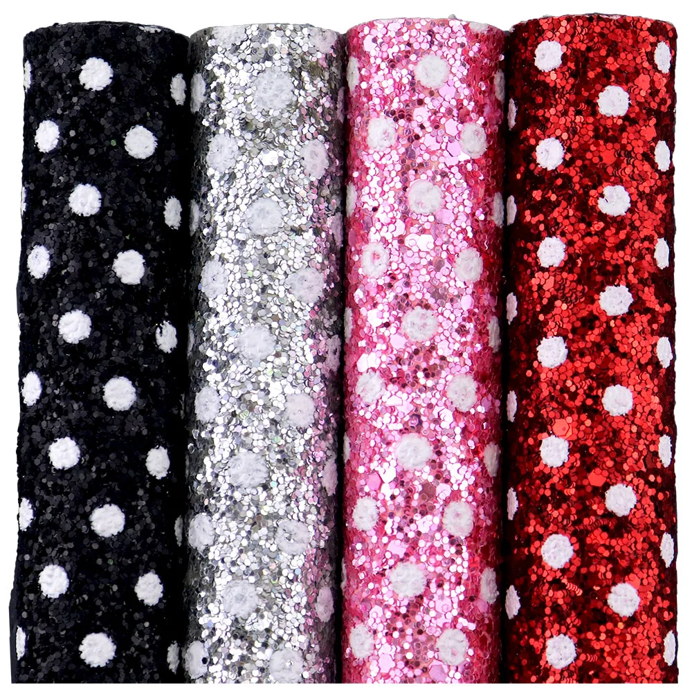 30x134cm Roll White Dots Stars Chuny Glitter Fabric Faux Leather For Bow Earring  DIY Craft Project AY139