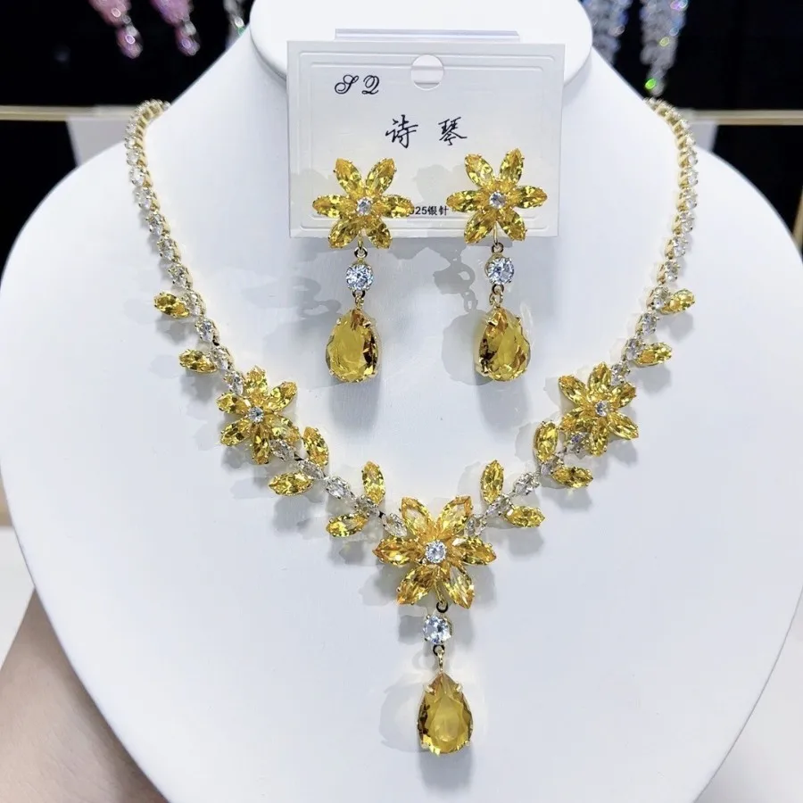 

Yellow Crystal Jewelry Set Cubic Zirconia Sparkling Flower Necklace Earrings Sets 925 Silver Post Wedding Jewelry Accessories