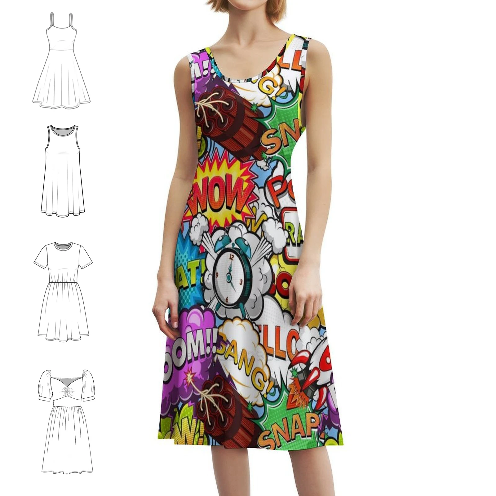 

Платье с цветочным принтом и часами комиксов для женщин, весна-лето, повседневное платье для вечеринки, взрыв комиксов