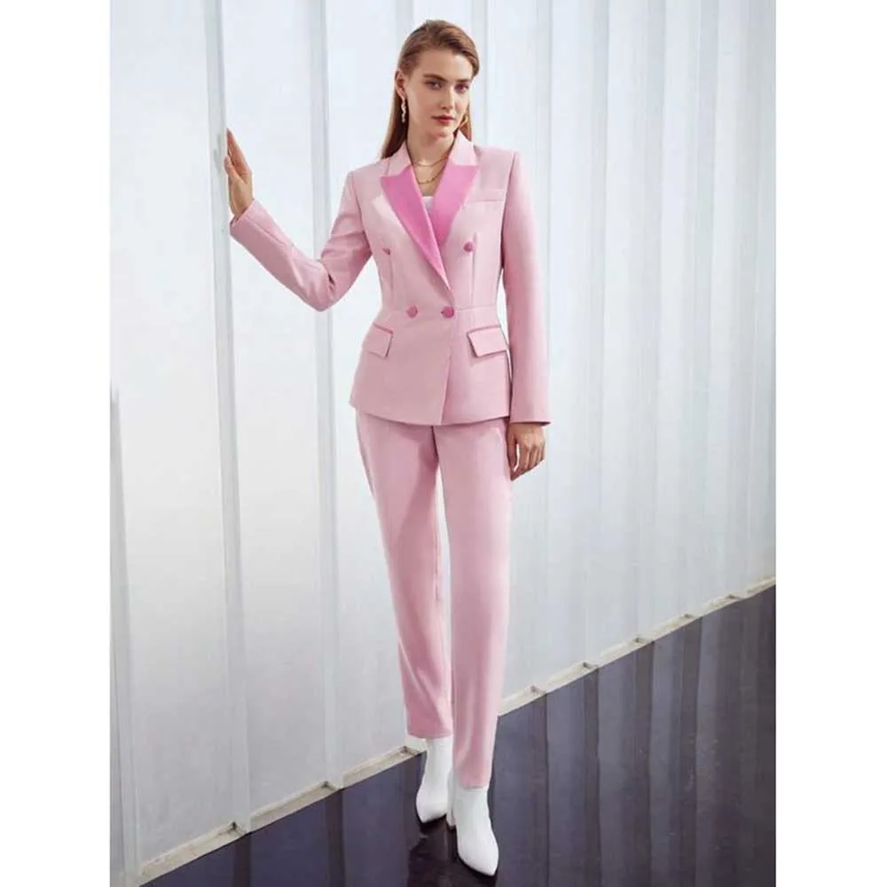 Fashion Chic Pink Women's Suits Double Breasted 2 Piece Jacket Pants Female Clothing Slim Fit Smart Office Lady Blazer Sets