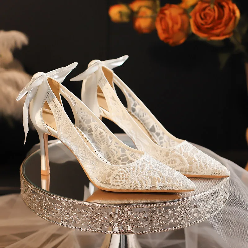 Zapatos de novia de encaje blanco, tallas 34 a 42, tacones altos, tacones finos, zapatos de novia para mujer, zapatos de tacón con lazo, tacones de aguja para fiesta