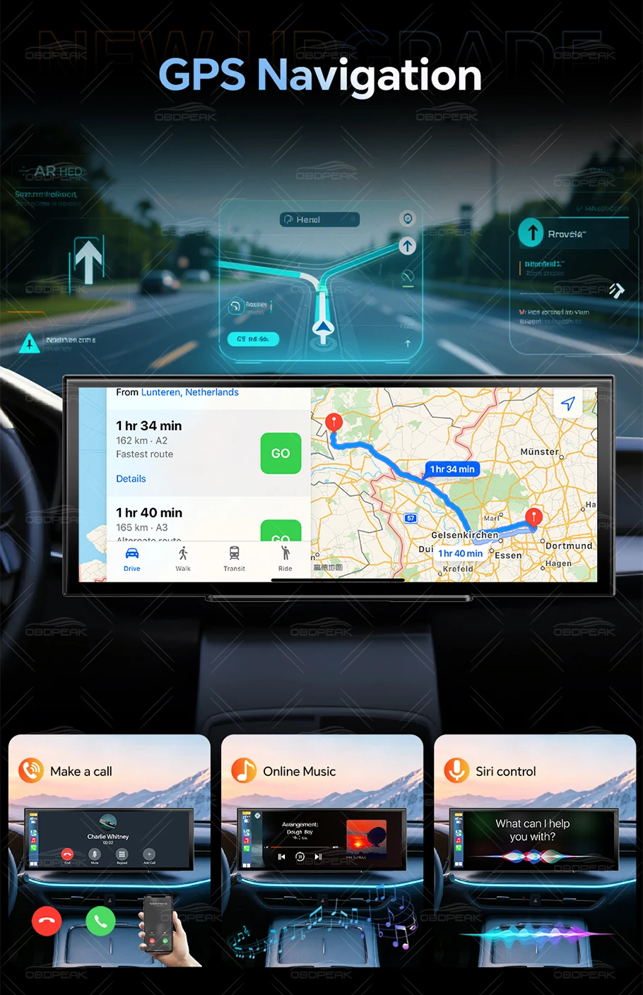 OBDPEAK K9 Max 12,3 Zoll 4K Dashcam Kabelloses CarPlay & Android Auto GPS-Navigation Touchscreen Auto-DVR-Kamera Videoaufzeichnung – Detail 8