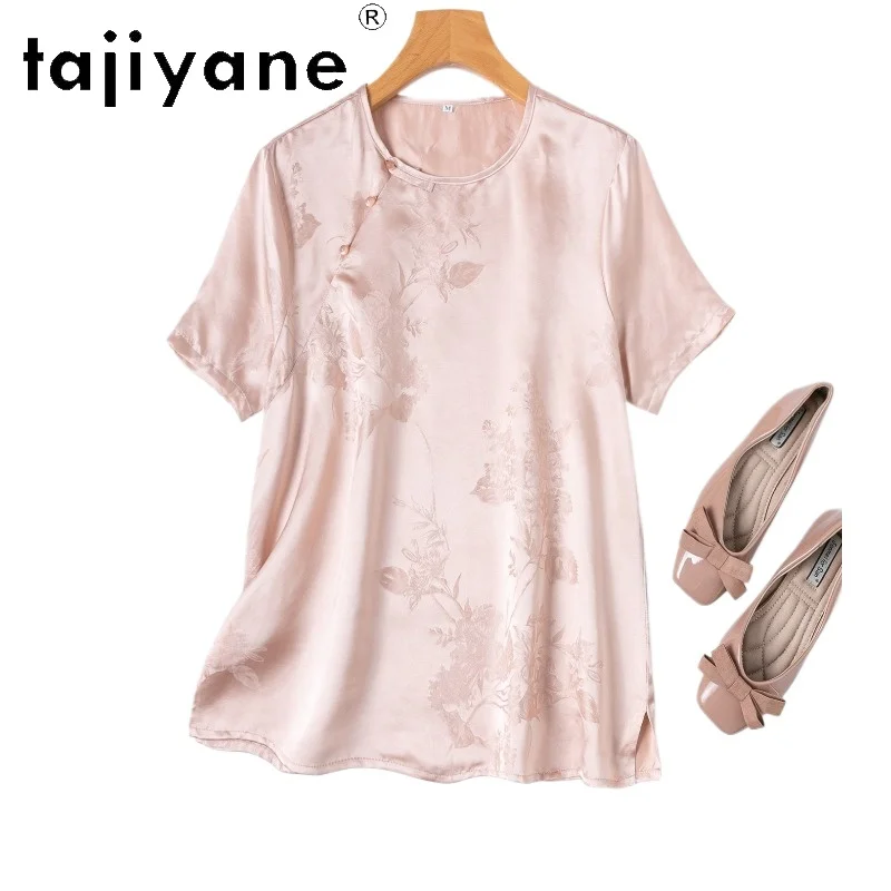 

TAJIYANE 100% Mulberry Silk Women T Shirts Jacquard Summer Tops New Chinese Style Short Sleeves T-Shirt 2026 Woman Clothing топ