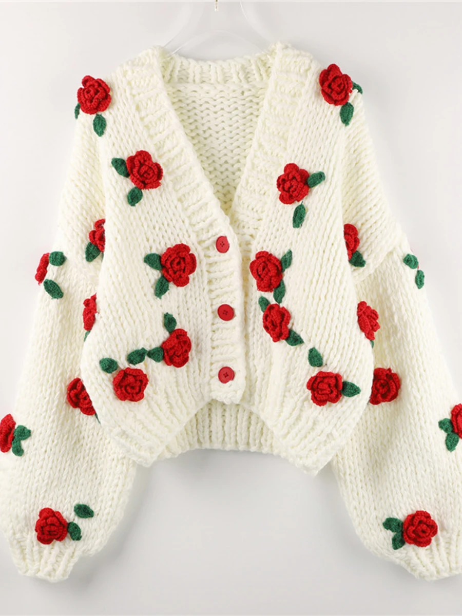 2022 Fall Winter Sweater Thick Knitted Cardigan Jacket Women Sweet Rose Flower Contrast Color Knitwear Coat New Year Sweater Top