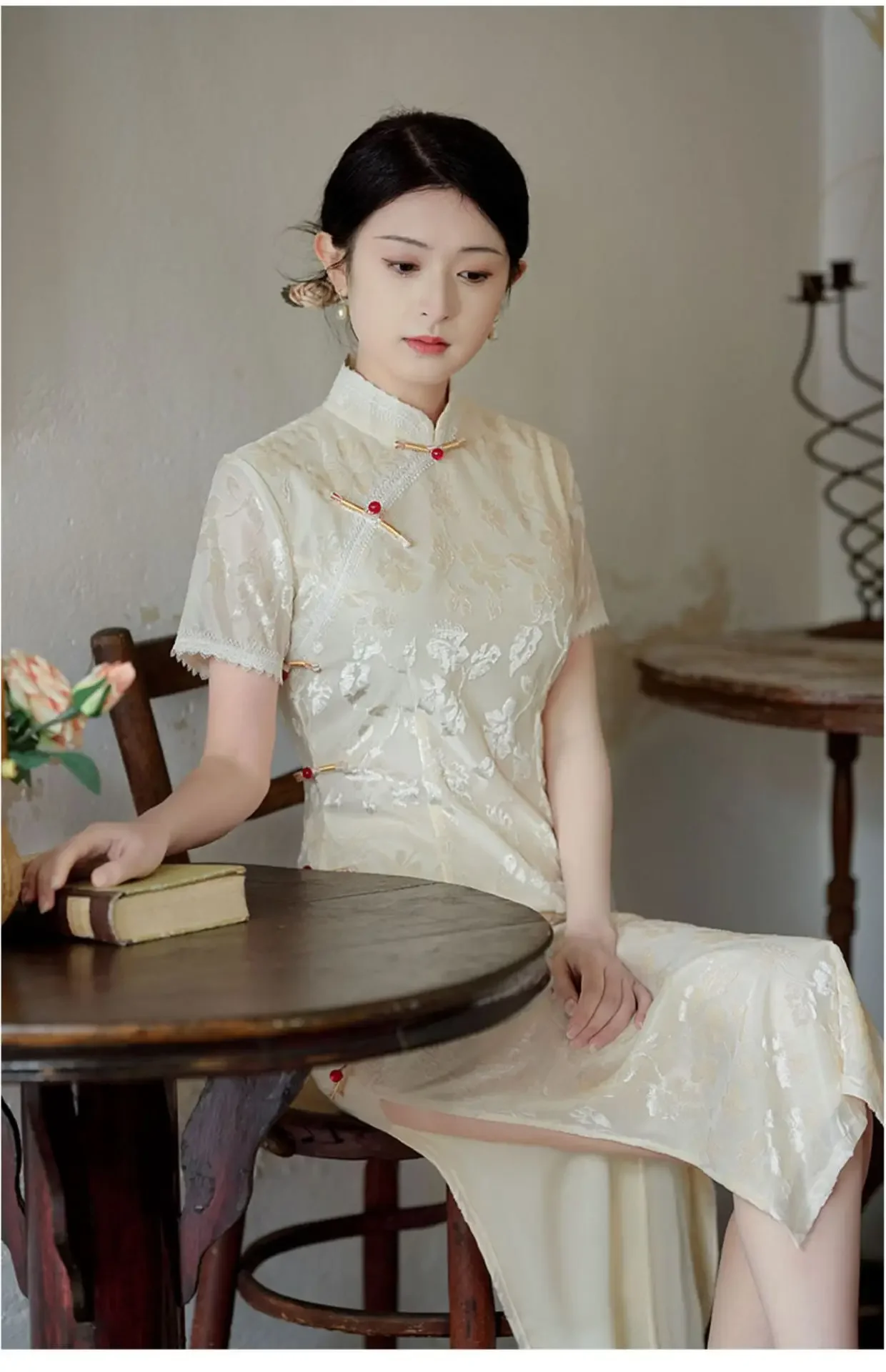 

Women Beige Vintage Cheongsam Dress Female Traditional Short Sleeve Dresses Slim Elegant Long Qipao S To XXL S2277