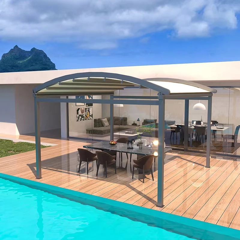 Motorized Retractable Pergola Carport 4x4 Garden Gazebo Powder Coated Aluminum Frame PVC Pool Cover Arch Pavilion Design