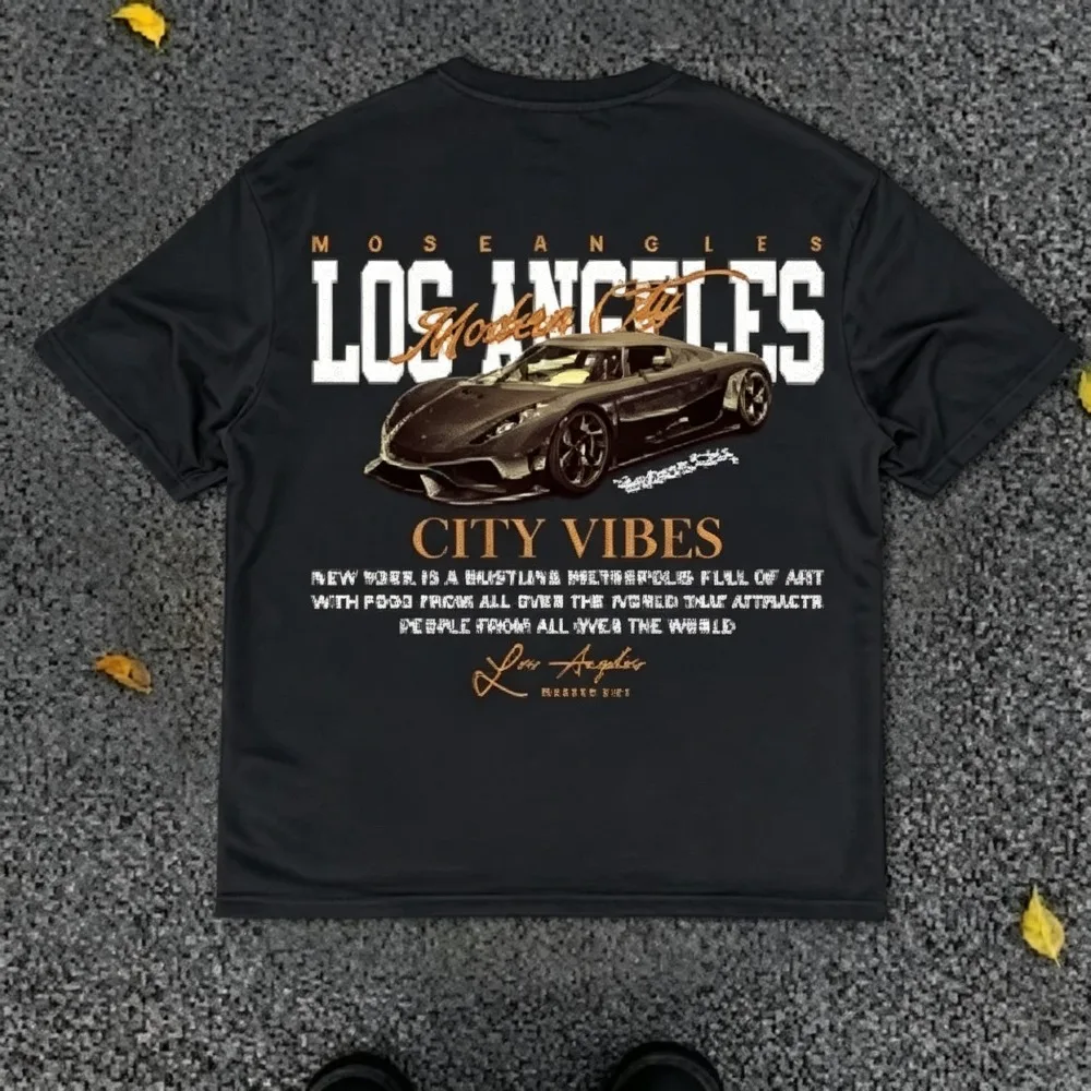 2026 New  Men's Vintage Car Graphic T Shirt Black Los Angeles Streetwear Oversized Casual Summer Short Sleeve