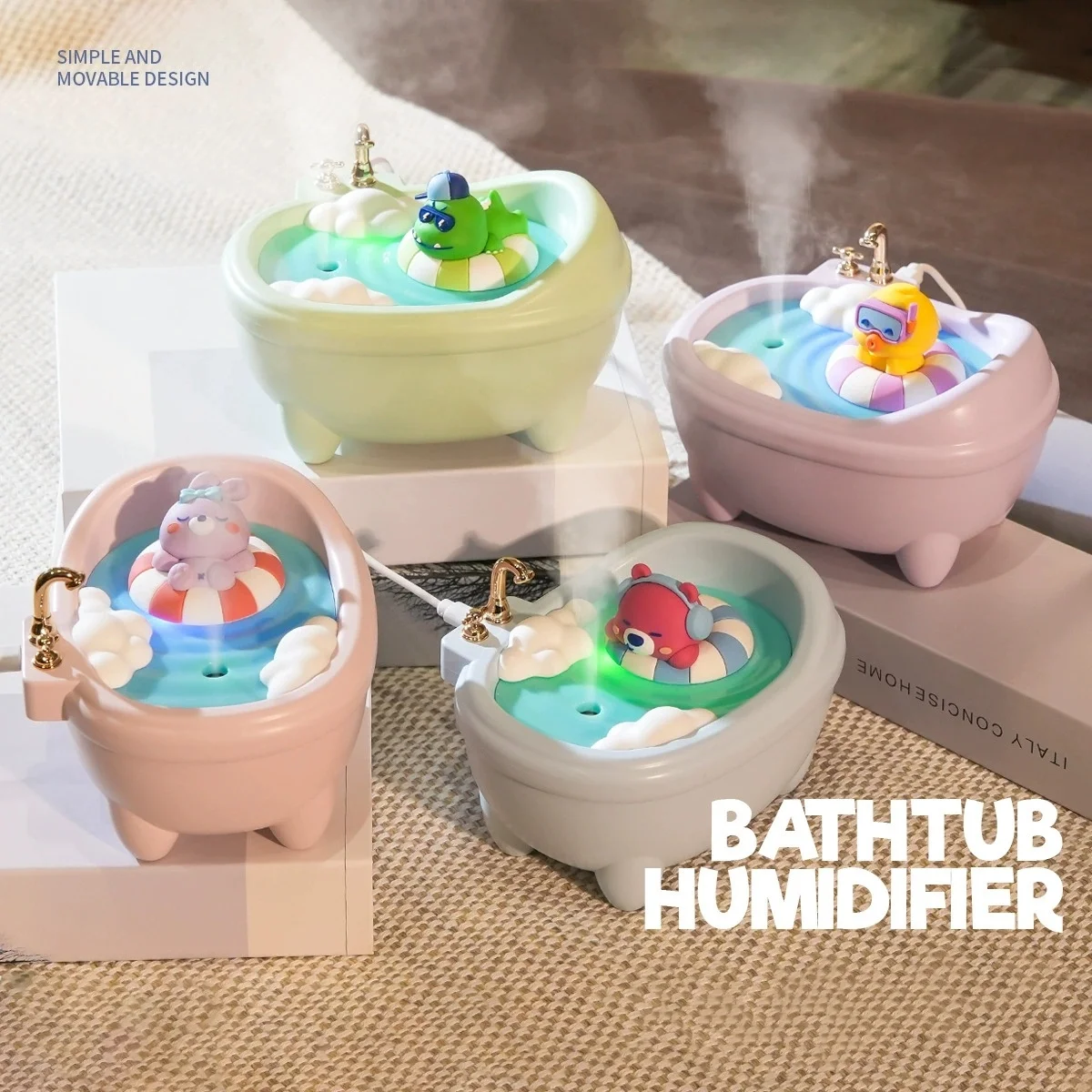 

Cute Bathtub Humidifier with Colorful LED Mood Light Mini Desktop USB Mist Maker Air Humidifiers for Home Creative Decor Gifts