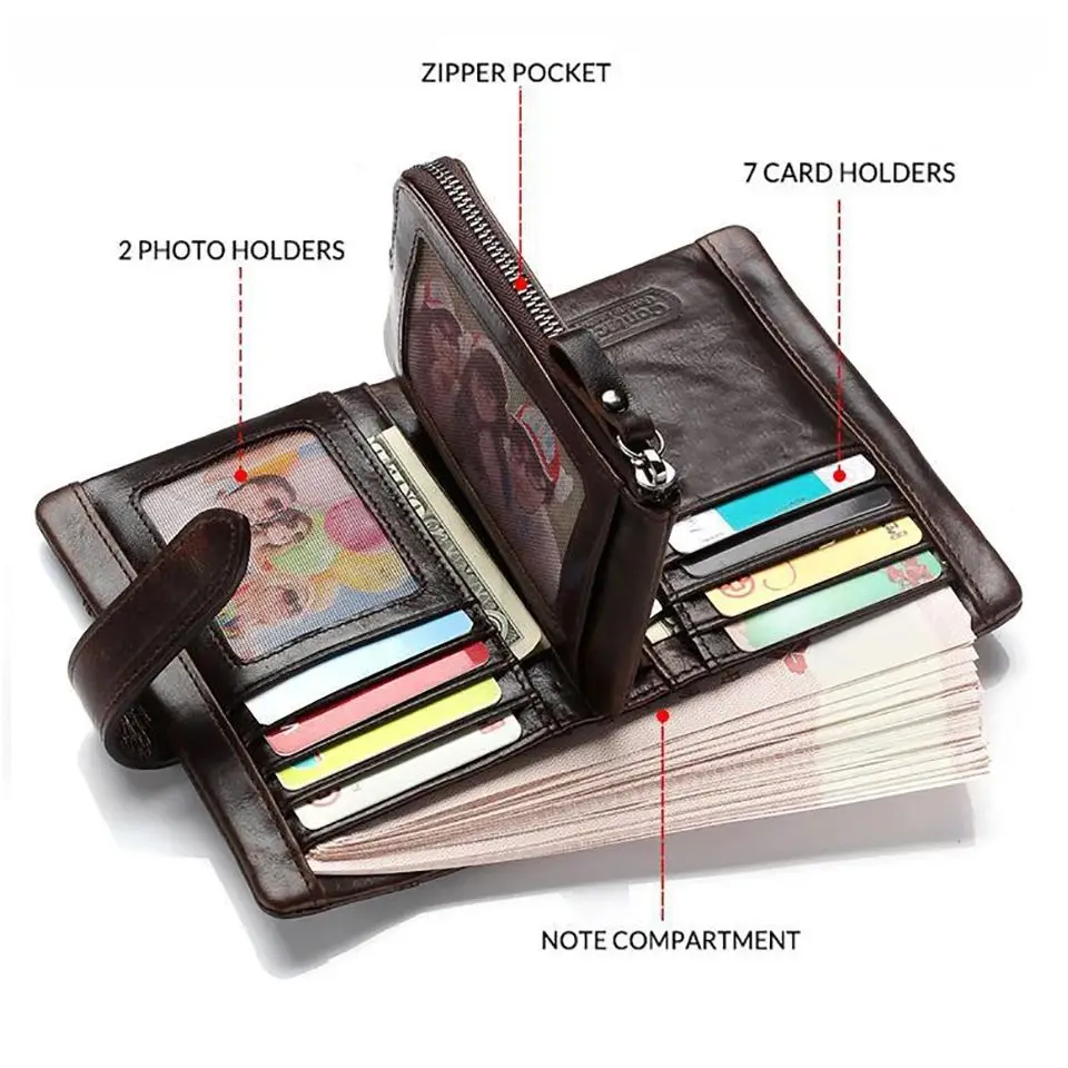 CONTACT\'S Genuine Leather Men Short Wallets Hasp Bifold Card Holder Money Clip Coin Purse Retro Male Mini Wallets High Quality