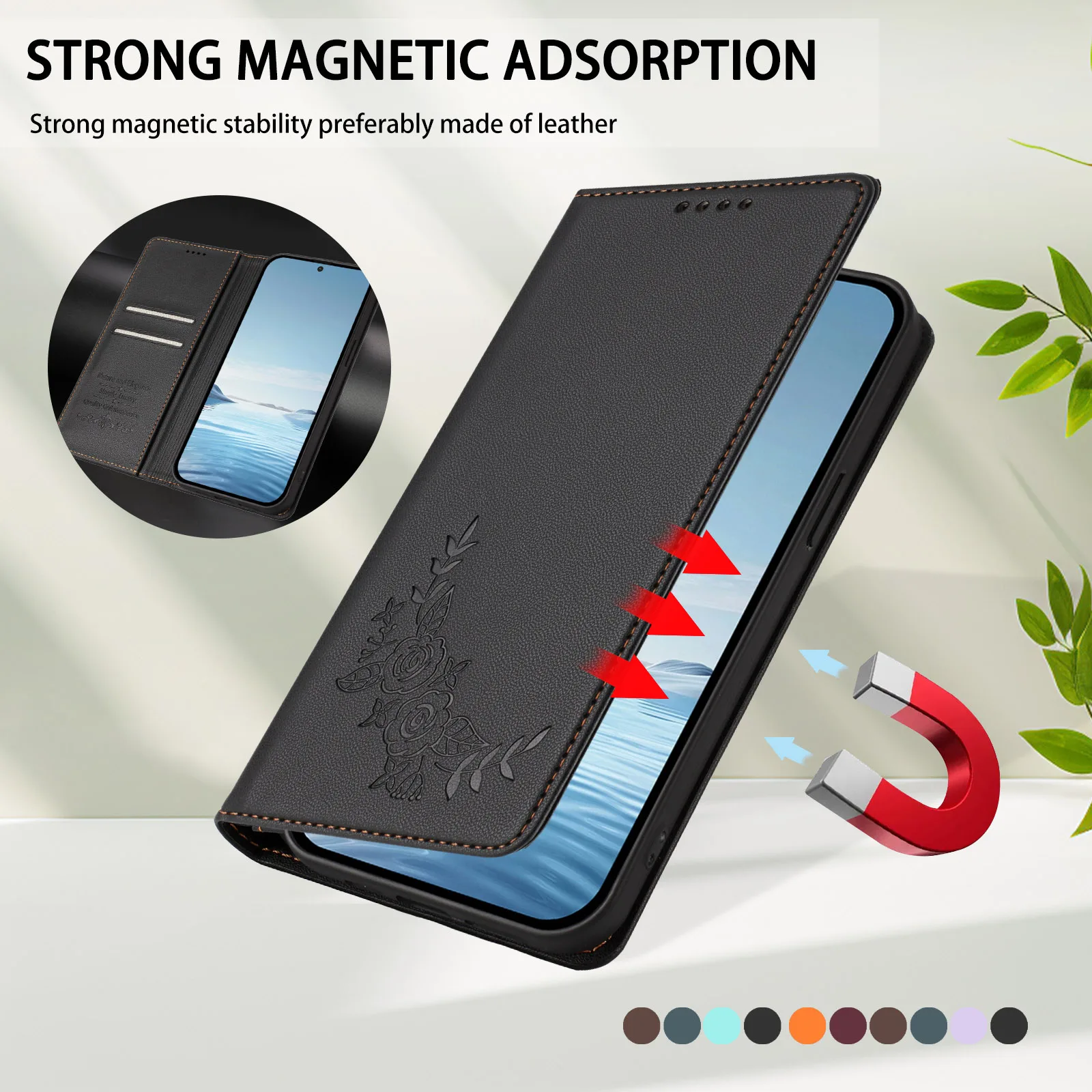 Magnetyczne etui z klapką ze skóry do Samsung Galaxy A57 A37 A27 A17 A07 A56 A36 A26 A16 A06 z przegródką na karty, funkcją podstawki i ochroną przed wstrząsami. — zdjęcie produktu 2