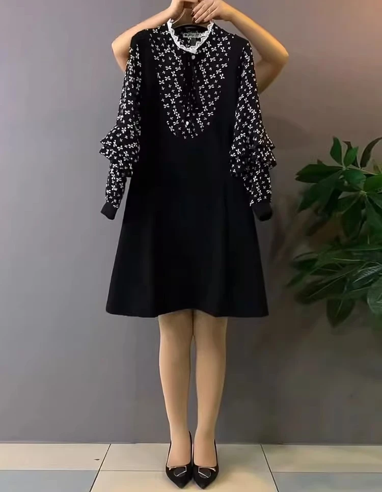 Frühling Herbst Plus Größe Temperament Koreanische Süße Bogen Spitze Kleid Mode Alter-Reduzierung Hohe Taille A-line Gefälschte Zwei taille Kleider