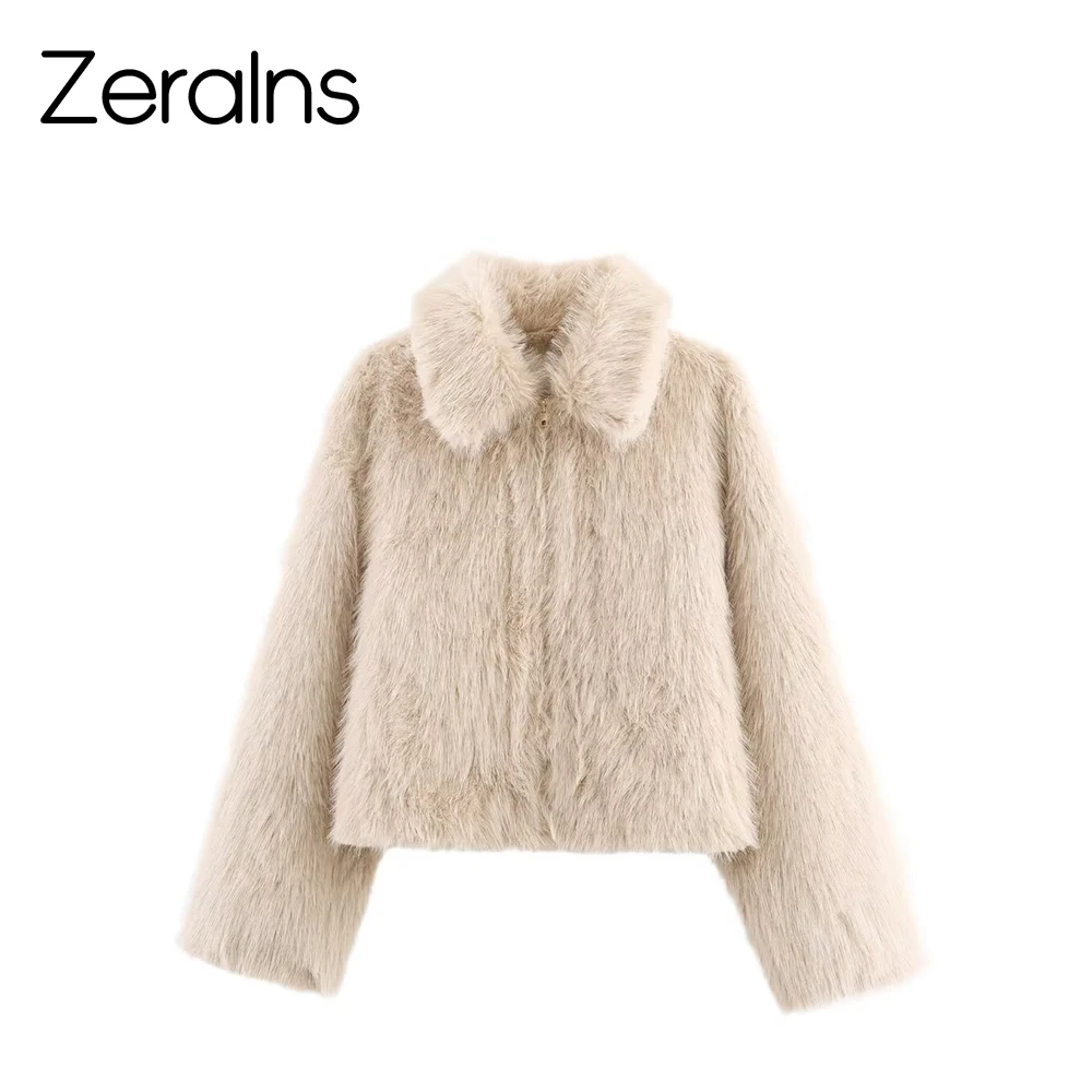 

ZERAINS женская одежда в европейском и американском стиле, новинка 2025, модная универсальная однотонная куртка с эффектом искусственного меха, куртка