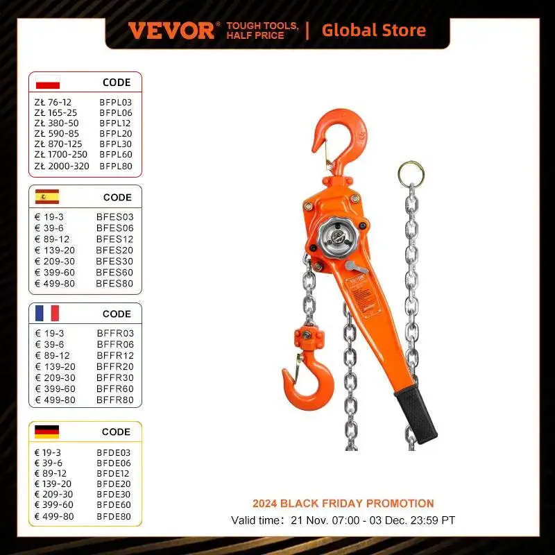 VEVOR Manual Lever Chain Hoist, 0.75/1.5/3/6Ton,10/20 FT Come Along, G80 Galvanized Carbon Steel,Auto Chain Leading, for Garage