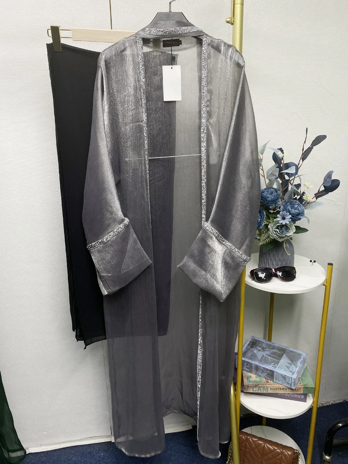 Conjunto de Abaya brillante para mujer, cárdigan abierto, vestido interior largo, bufanda negra, caftán, Dubai, ropa de lujo de Turquía, atuendo con