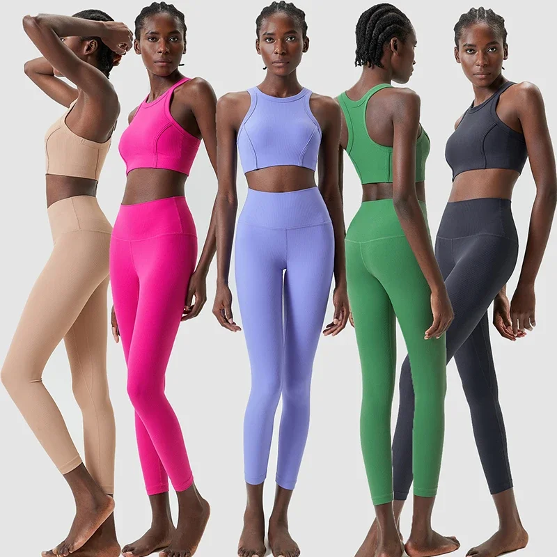 

High Impact Gym Suit Women Ribbed Fabric Two Pieces Fitness Yoga Set Slim Fit Stretchy Running Sportswear Workout Clothes