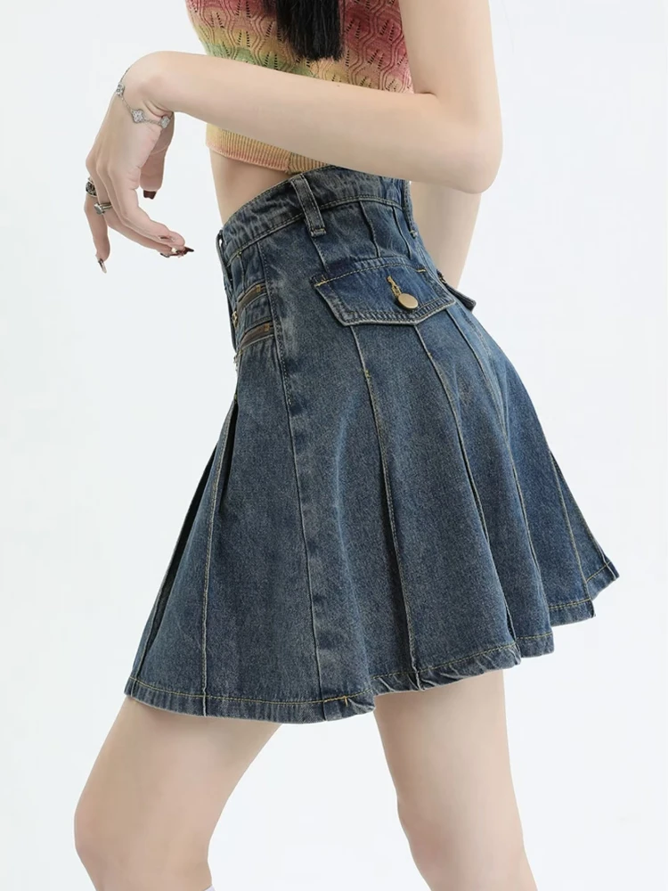 Mini Pleated Skirts Women Anti-Glare Sexy Hot Girl American Retro with Lining All-match Hotsweet Summer High Waist College Daily