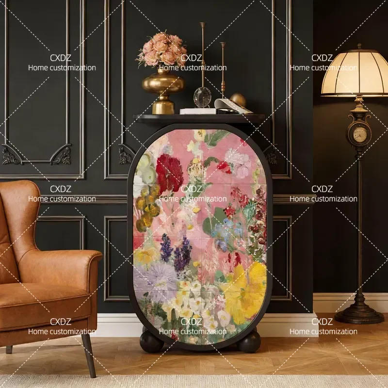 French Light Luxury Floral Living Room Sofa Side Solid Wood Entryway 4 Drawer Chest Cabinet Vertical Storage Unit for New