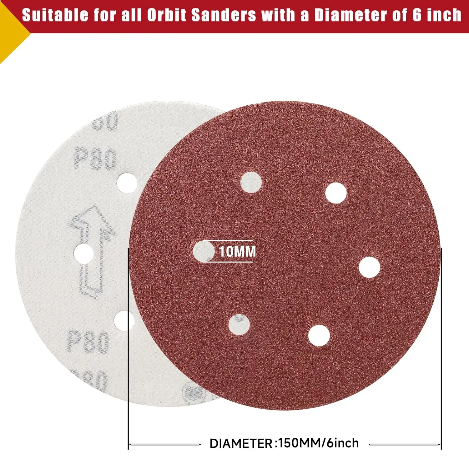 6 Inch 6 Hole Hook and Loop Sandpaper 10/20 Pcs Red Dry Sanding Disc for Polishing Grinding Polishing and Wood Rubber Leather