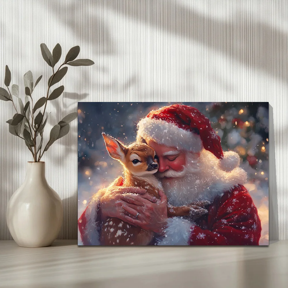 1pc,Santa Claus Holds A Cute Little Deer In The Magical Atmosphere Of Christmas Eve A, Modern Canvas Wall Art, Framed, 16x12inch