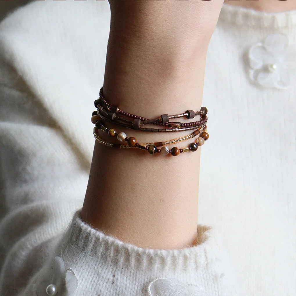 

Female Glass Beads Shell Natural Stone Braided Multilayer Wrap Bracelets for Women Vintage Adjust Retro Charms Bangle Jewelry