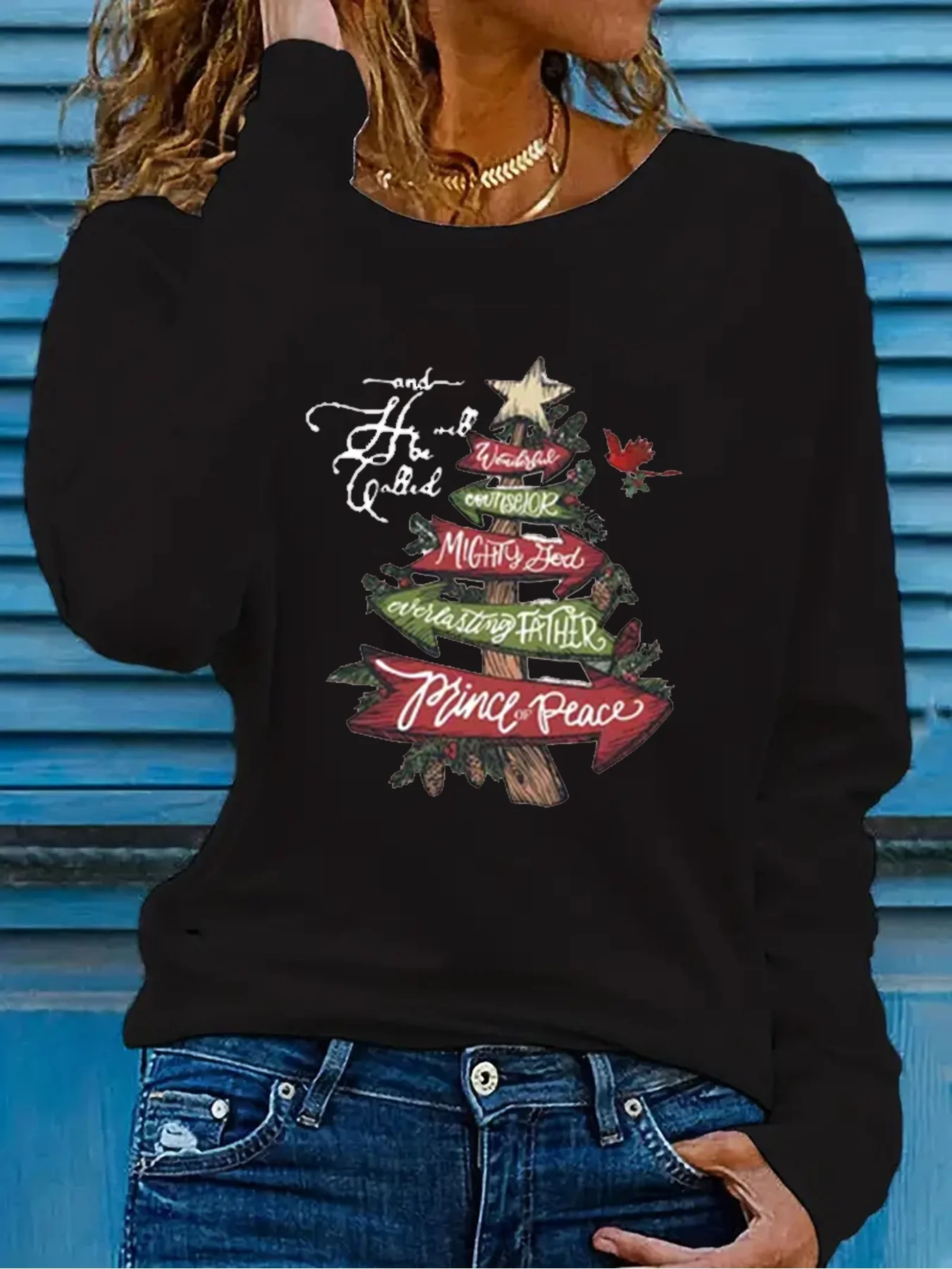 

Women's Christmas Tree Print Round Neck Long Sleeve T-Shirt/sweatshirt - Medium-Stretch Casual Blouse, Straight Sleeve Top