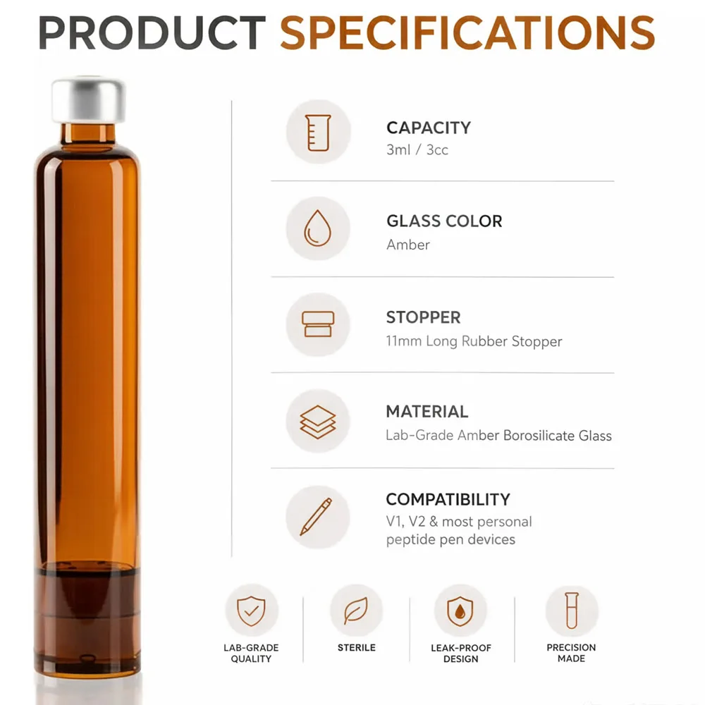 100Pcs Lightproof Amber 3ml Glass Cartridges for Peptide Pen V1 V2, Sterile Individually Wrapped with 11mm Long Rubber Stopper view 2
